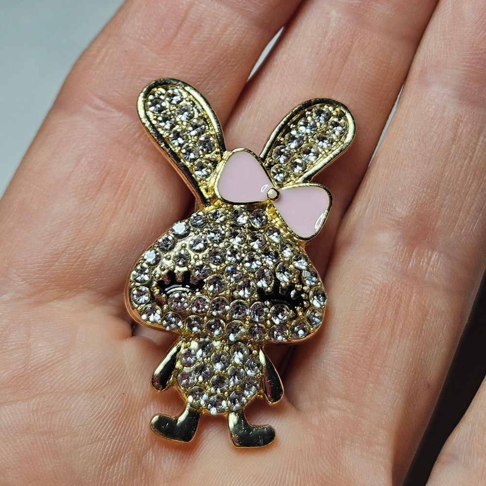 Bunny Rabbit Brooch Pin Womens OS Gold Pink Rhinestone Kawaii Y2K Style